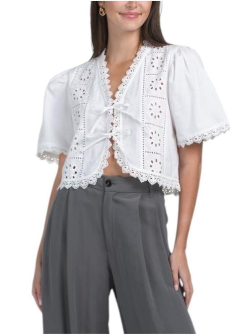 Jennifer & Grace White Cropped Eyelet Lace Tie-Front Blouse.
